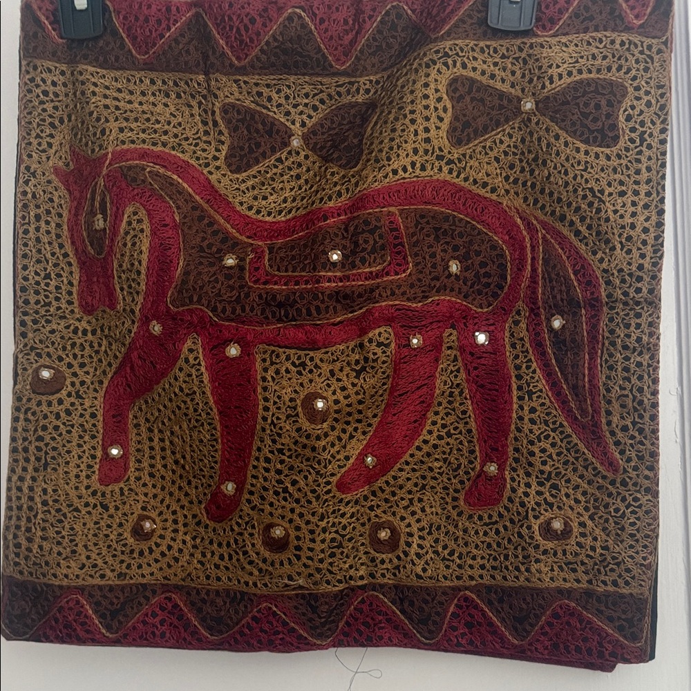 Embroidered Horse Tapestry with Red and Brown Accents